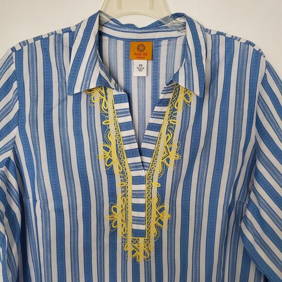 Ruby Rd 2X Plus Boho Striped Embroidered V-Neck Tunic Top Coastal Grandmother - Picture 4 of 9